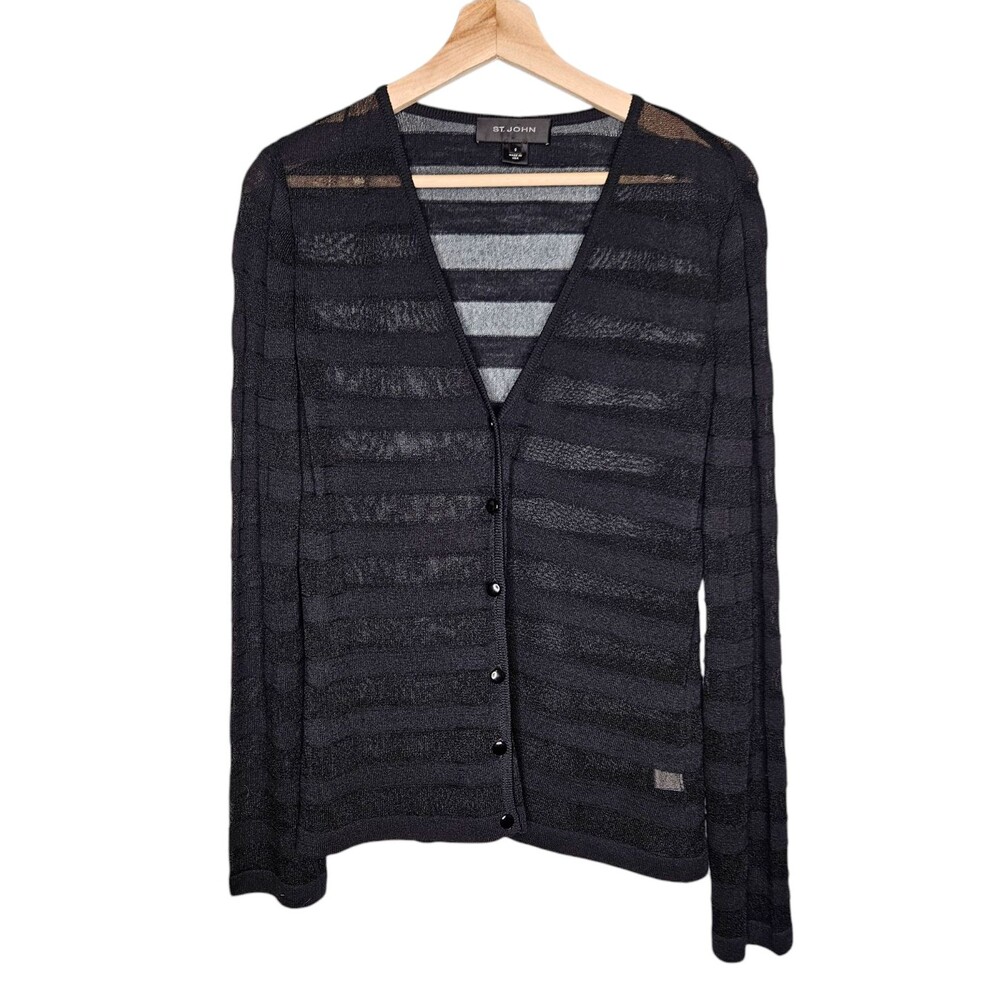 ST. JOHN Black Striped Cardigan Sweater S Semi Sheer V-Neck Lightweight Classic